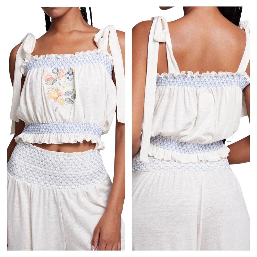 Chaser Lirhetta Floral Embroidered Linen Crop Top M NWT